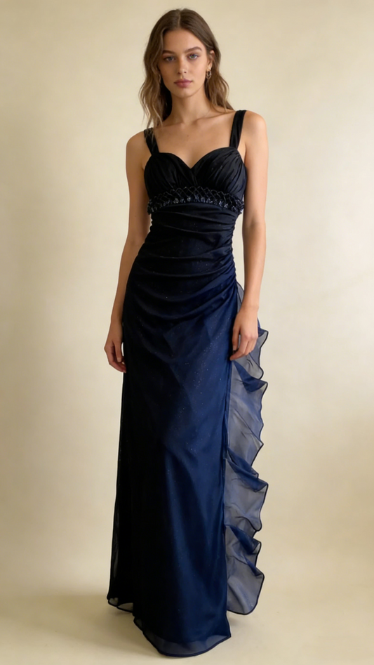 Dark Blue Straps Chiffon Vintage Long Party Dress Prom Gown MD7409