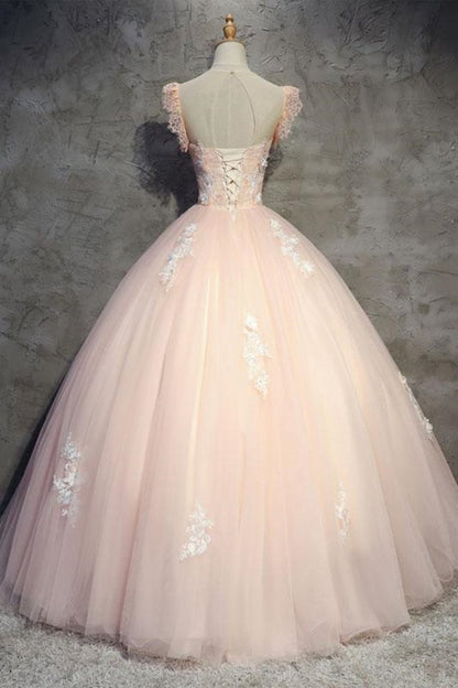 Round Neck Cap Sleeves Lace Pink Long Prom Dress, Pink Lace Formal Dress, Pink Evening Dress, Ball Gown M3109