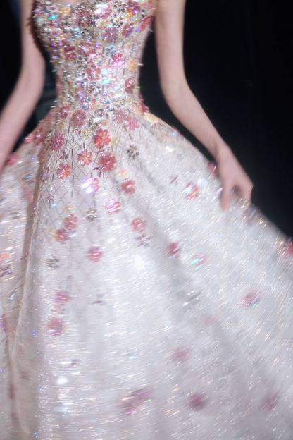 Charming Strapless White Tulle Sequin Beaded Birthday Prom Dress Princess Party Dress D1225