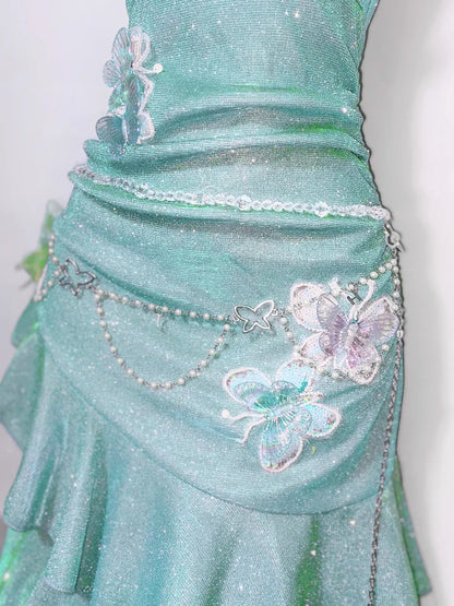 Fashion Mint Green Sparkling Sequin Spaghetti Strap Ruffled Hem Short 16th Birthday Party Dress Homecoming Dress D1529