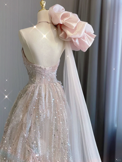 Classy Ball Gown One Shoulder Pink Sequin Evening Dress Long Prom Dresses P0020