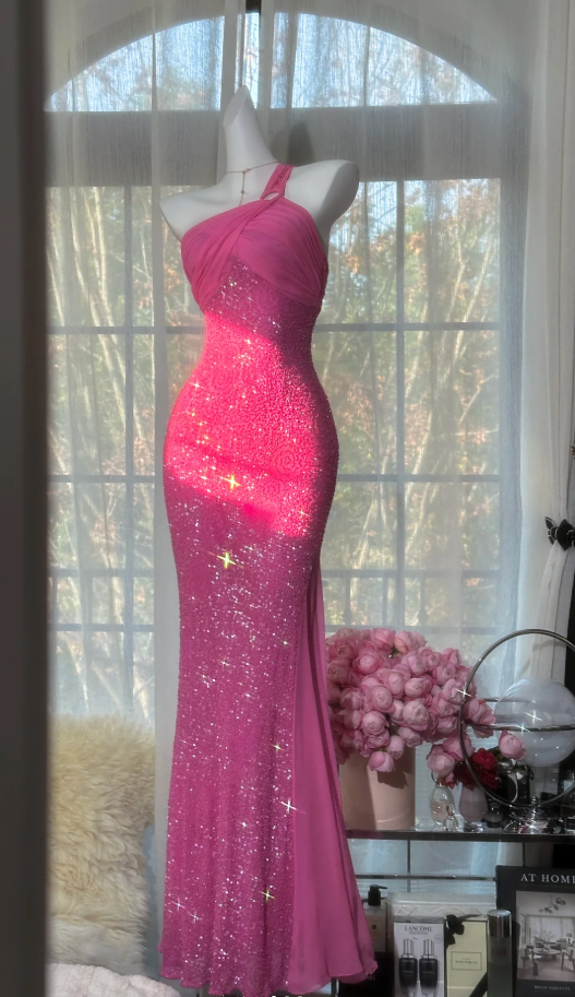 Sparkly One Shoulder Pink Chiffon Sequin Beaded Mermaid Long Evening Dress Formal Party Dress Birthday Prom Gown