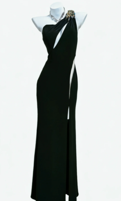Sexy Black Satin Beaded Mermaid Slit Party Dress One Shoulder Long Wedding Guest Dress SP1574