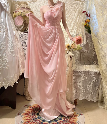 Classy Pink One Shoulder Chiffon Pleated Appliques Long Party Dress Prom Dress Formal Wedding Guest Dress D21114