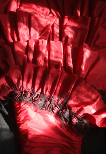 Vintage Red Strapless Satin Layered Mermaid Evening Dress Long Party Dress D2311