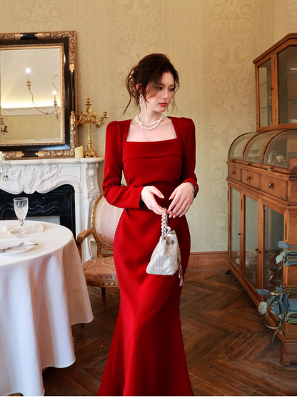 Pretty Red Satin Pleated Mermaid Formal Wedding Guest Dress Long Evening Dress SP1654