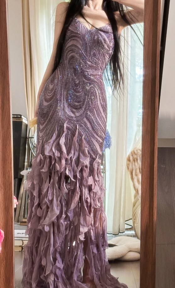Vintage Purple Spaghetti Straps Chiffon Beaded Ruffles Mermaid Long Party Dress Birthday Prom Dress D2306