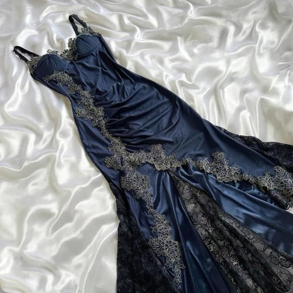 Classy Bodycon Mermaid Straps Long Navy Blue Lace Prom Dress Party Dresses Graduation Dresses DP512