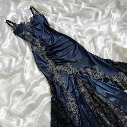 Classy Bodycon Mermaid Straps Long Navy Blue Lace Prom Dress Party Dresses Graduation Dresses DP512