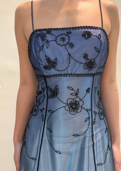 Elegant Spaghetti Straps Imperial Long Prom Dresses Satin Chiffon Beaded Blue Evening Dresses Sleeveless Formal Dresses DP04078