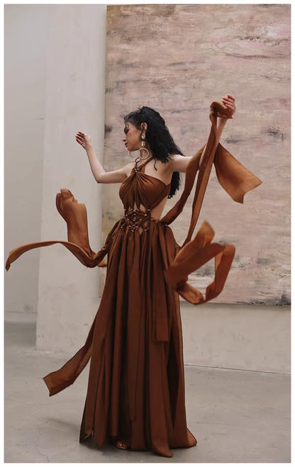Sexy Halter Caramel Backless Satin Long party Dress Evening Gown