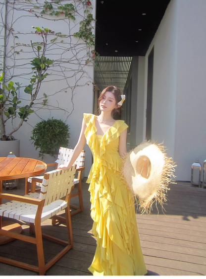 Classy Yellow Chiffon Layered Ruffles Mermaid Evening Dress Long Birthday Dress SP1648