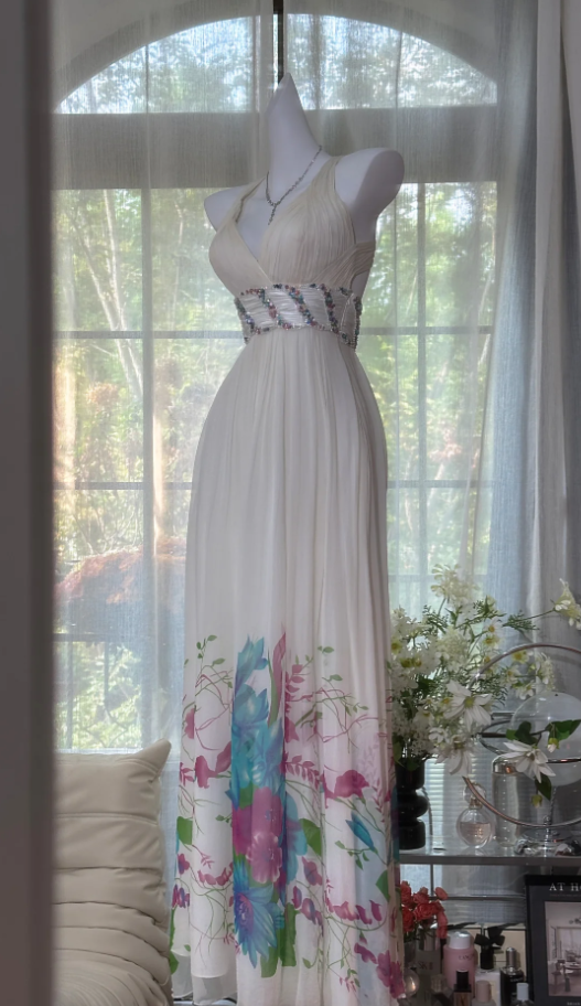 Chic White V Neck Chiffon Print Floral Beaded Long Evening Dress Backless Party Gown