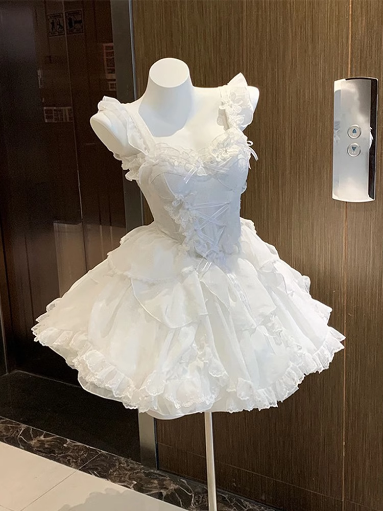 Cute Ball Gown Straps White Chiffon Short Cocktail Dresses Birthday Outfits