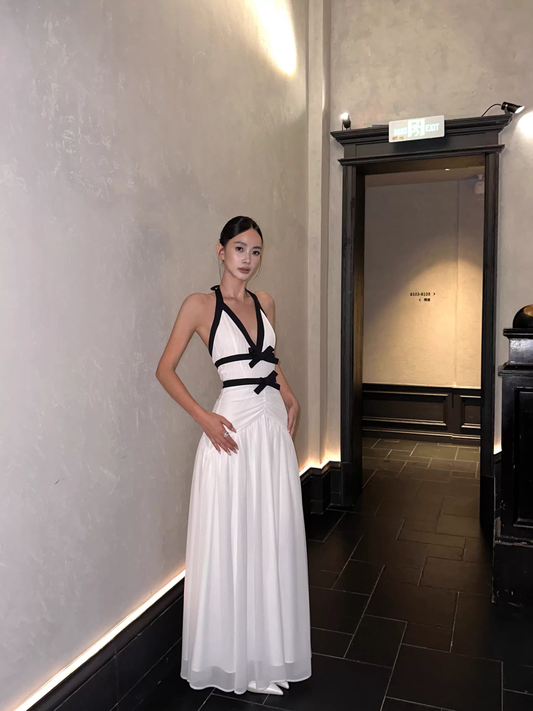 Sexy Halter V Neck Off White Chiffon Mermaid Long Wedding Guest Dress Backless Evening Dress With Bow D2087