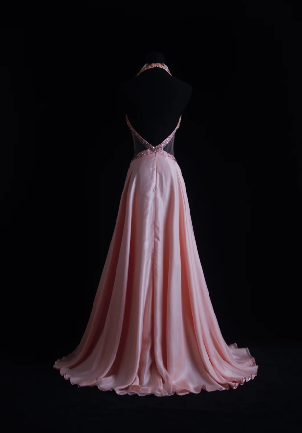 Gorgeous Pink Halter V Neck Satin Beaded Mermaid Long Party Dress Backless Evening Dress D1998