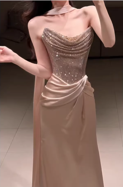 Elegant Strapless Sequin Satin Pleated Mermaid Long Party Dress Birthday Prom Dresses D2219