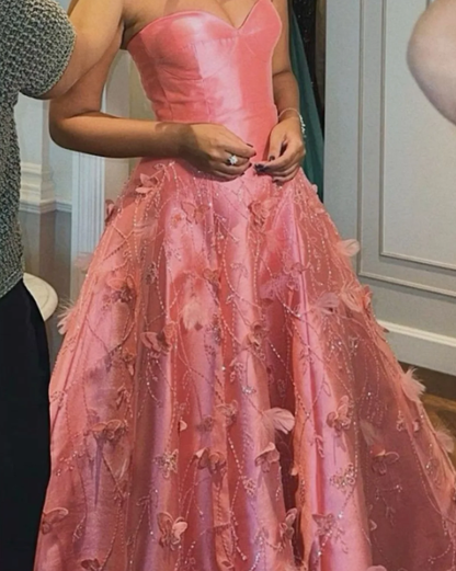 Gorgeous Pink Sweetheart Neck Satin Sequin Appliques Long Prom Dress Birthday Party Dress D1212