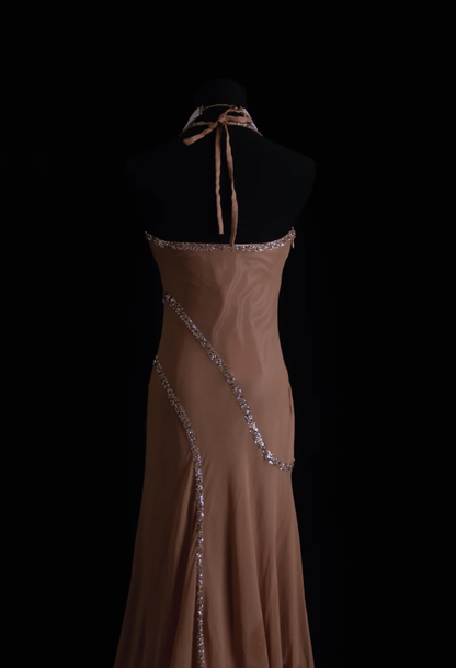 Classy Halter Chiffon Sequin Beaded Mermaid Long Wedding Guest Dress Formal Party Dress D1663