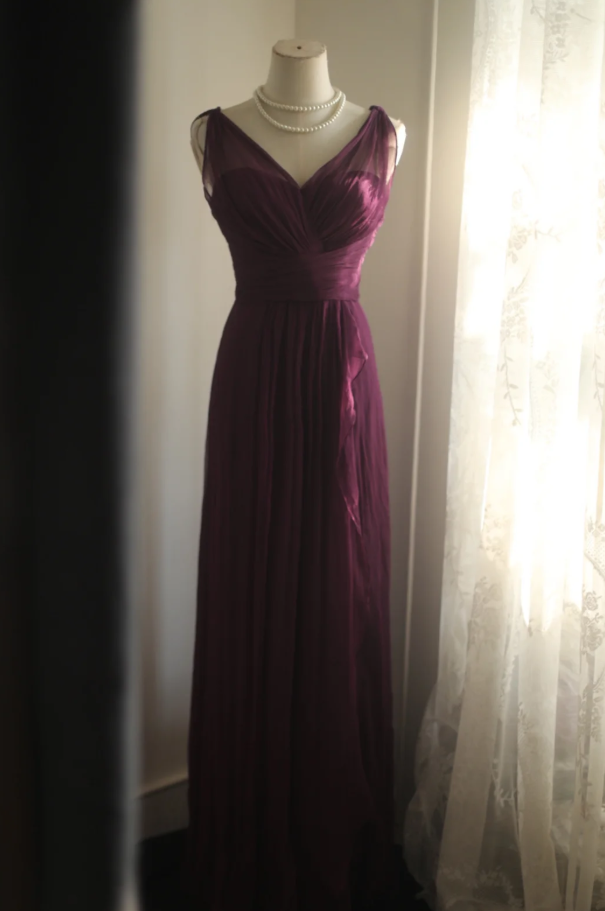 Charming Purple V Neck Tulle Long Wedding Guest Dress Formal Evening Dress Prom Dress D2209
