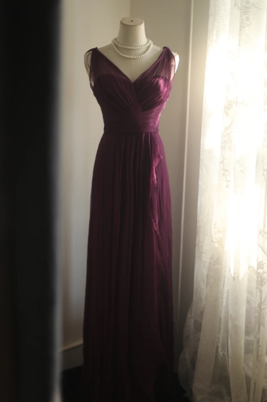 Charming Purple V Neck Tulle Long Wedding Guest Dress Formal Evening Dress Prom Dress D2209