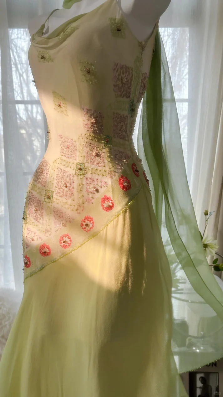 Classy Green Spaghetti Straps Chiffon Beaded Mermaid Long Evening Dress 18th Birthday Outfits SP1731