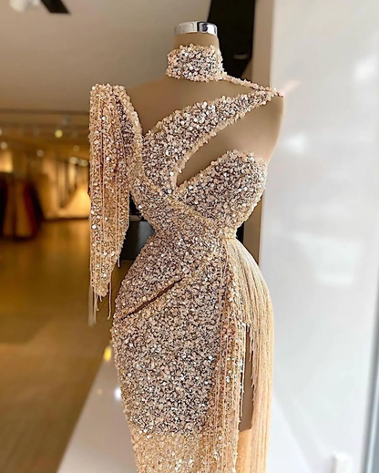 Sparkly Sequin Evening Dress Side Slit Prom Dress One Shoulder Tassels Custom Made Y6411