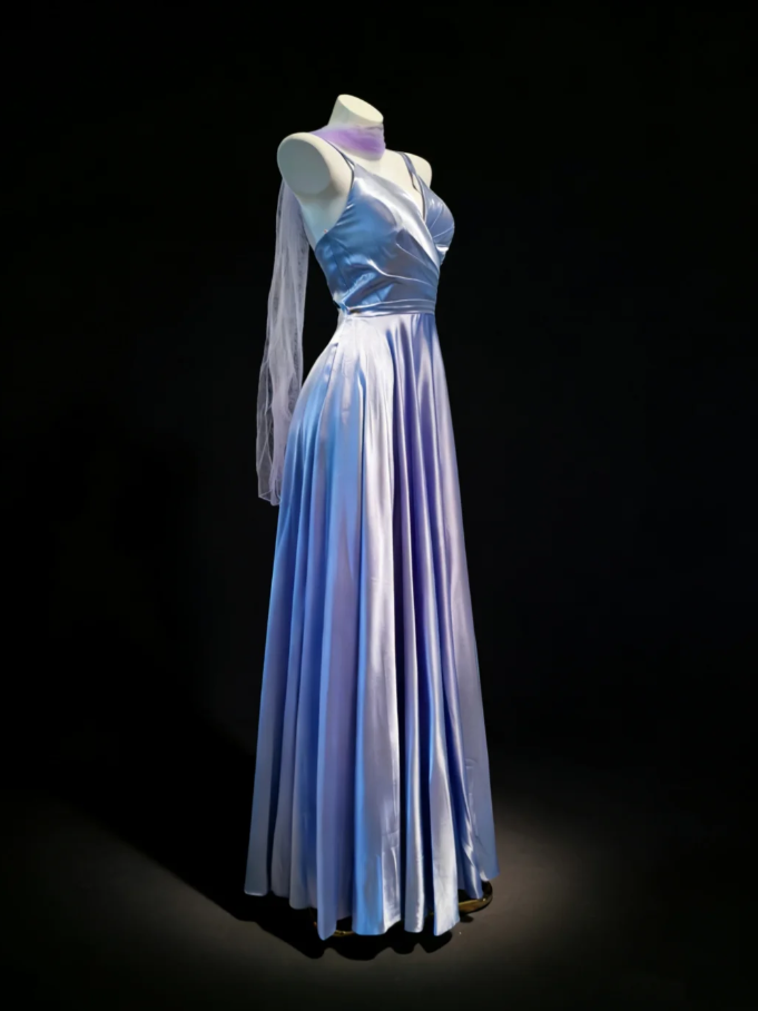 Classy Spaghetti Strap Purple V Neck Satin A Line Birthday Party Dress Long Wedding Guest Dress With Ribbon SP1578