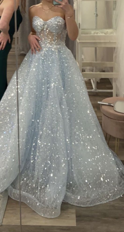 Sparkly Sweetheart Neck Tulle Sequin Blue Long Birthday Party Dress Prom Gown
