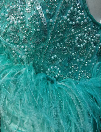 Elegant Green Satin Beaded Mermaid Long Party Dress Prom Gown With Feathers SP1819