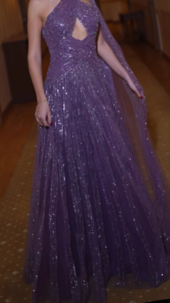 Shiny Purple Tulle Sequin Beaded A Line Long Wedding Guest Dress Formal Birthday Party Dress Evening Dress D1925