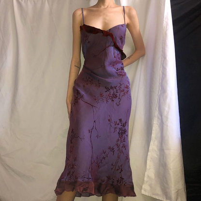 Purple Vintage Print Prom Dress Straps Party Evening Gown cc2307