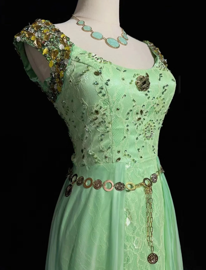 Charming Mint Green Sleeveless Lace Chiffon Beaded Long Birthday Prom Dress Evening Gown SP1441