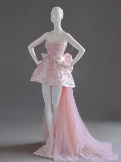 Pretty Strapless Pink Tulle Beaded Mini Birthday Dress Short Homecoming Dress With Bow Y9317
