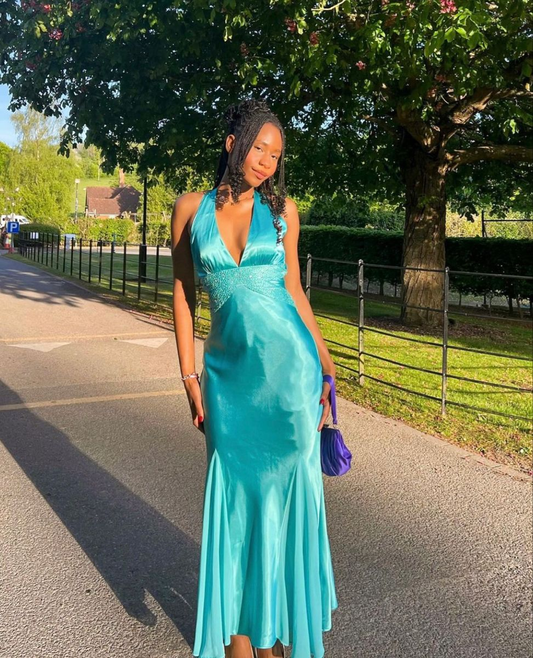Elegant V Neck Green Halter Satin Beaded Mermaid Party Dress Wedding Guest Dress D1000