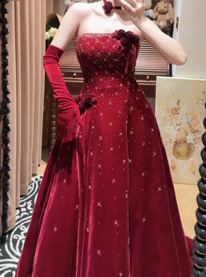 Pretty Burgundy Strapless Velvet Beaded Long Birthday Party Dress Evening Dress D2040