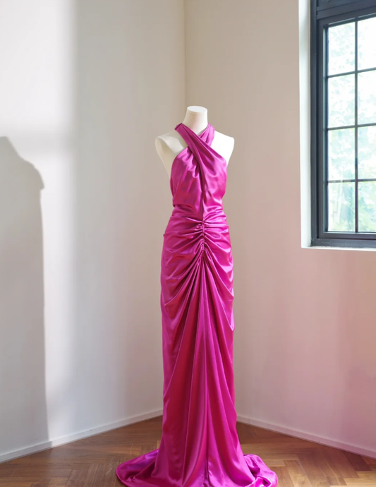 Elegant Halter Hot Pink Satin Pleated Mermaid Long Wedding Guest Dress Party Dress D2165