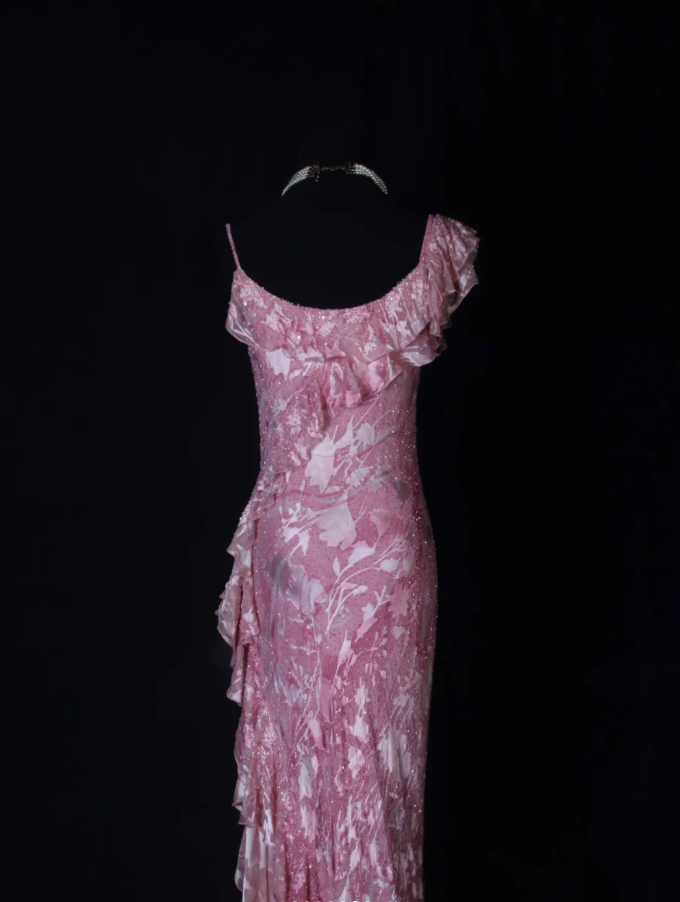 Charming Pink Beaded Chiffon Floral Ruffles Mermaid Long Evening Dress Formal Birthday Dress D2264