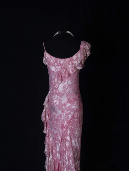 Charming Pink Beaded Chiffon Floral Ruffles Mermaid Long Evening Dress Formal Birthday Dress D2264