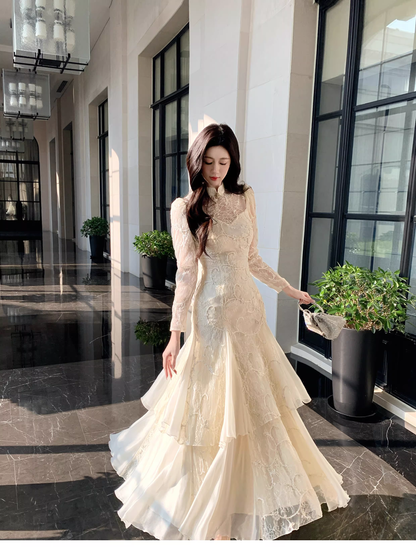 Pretty Beige Tulle Lace Mermaid Long Evening Dress Birthday Prom Dress D2181