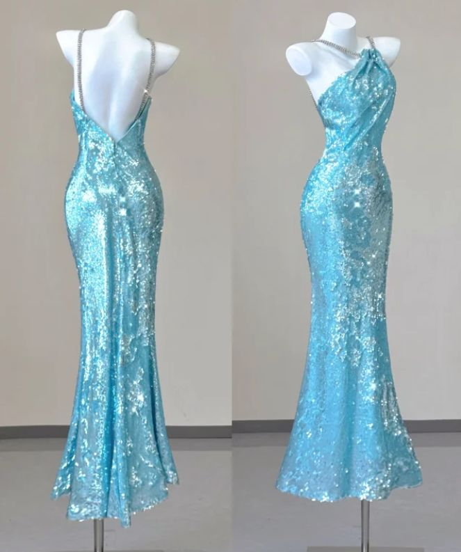 Sparkly Spaghetti Straps Blue Sequin Mermaid Evening Dress Long Prom Dresses SP710
