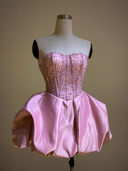 Pretty Strapless Hot Pink Satin Sequin A Line Short 20th Birthday Outfits Homecoming Dress SP180