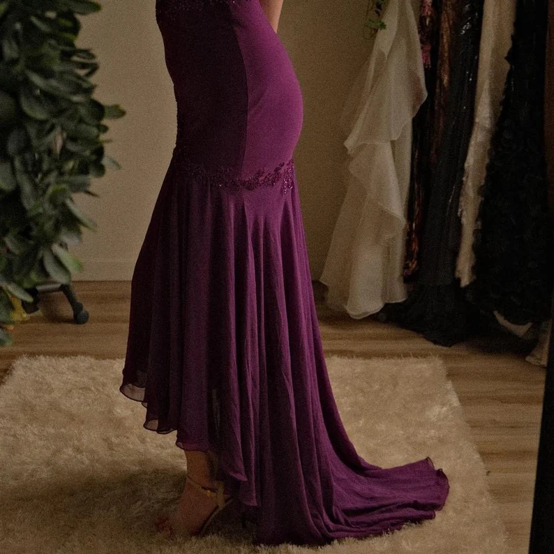 Newest Plum Purple Spaghetti Straps Prom Dress Spaghetti Straps Chiffon Appliques Party Evening Gown cc1600