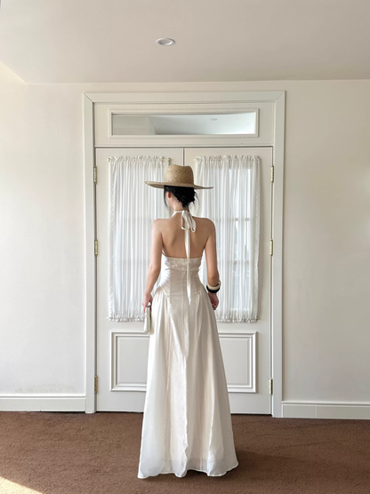 Sexy Halter V Neck White A Line Long Party Dress Formal Evening Gown