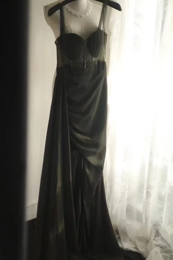 Vintage Green Spaghetti Straps Satin Beaded Mermaid Slit Long Evening Dress Party Gown
