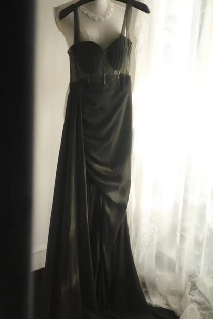 Vintage Green Spaghetti Straps Satin Beaded Mermaid Slit Long Evening Dress Party Gown