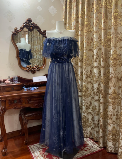 Glamorous Off The Shoulder Tulle A Line Long Wedding Guest Dress Navy Blue Birthday Prom Dress Evening Gown SP1609