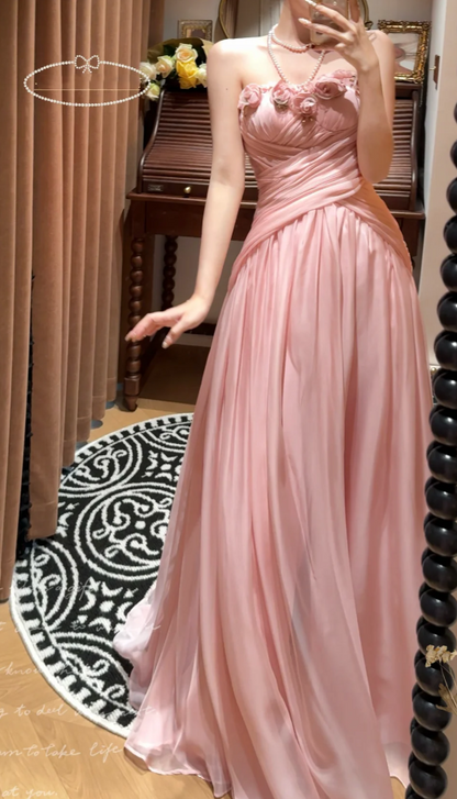 Pretty Flowers Strapless Pink Chiffon Mermaid Evening Dress Prom Gown Long Wedding Guest Dress