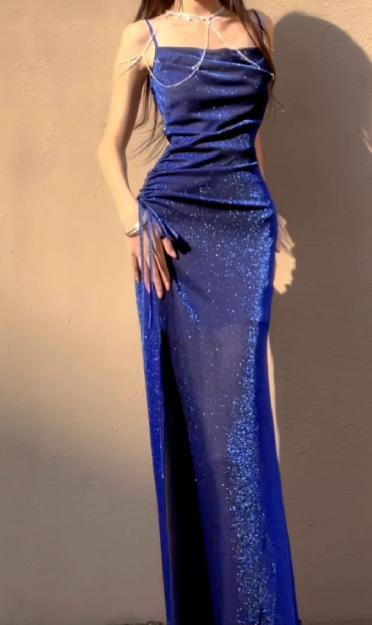 Charming Spaghetti Straps Blue Tulle Sequin Slit Mermaid Long Party Dress Evening Gown