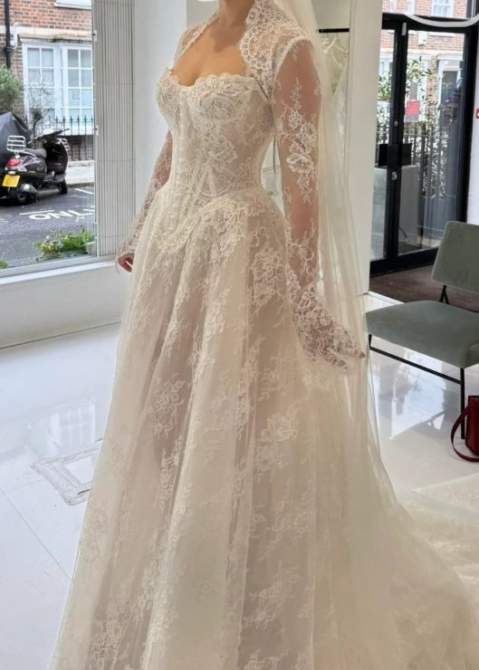 Elegant Long Sleeves White A-Line Lace Long Wedding Dress Bridal Dress, D954